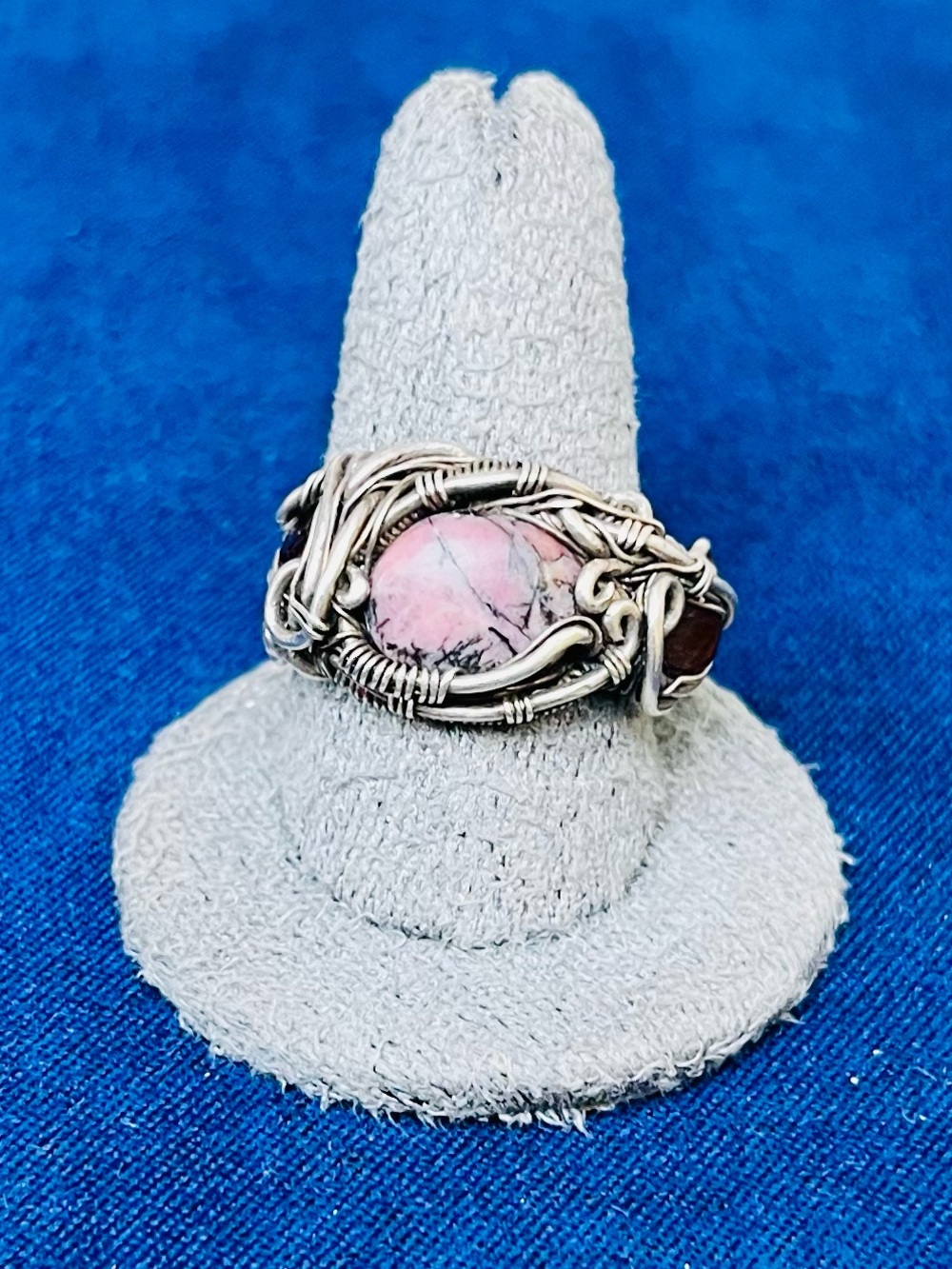 Handmade Agate and Garnet Wire-Wrap Ring -  925 Sterling Silver